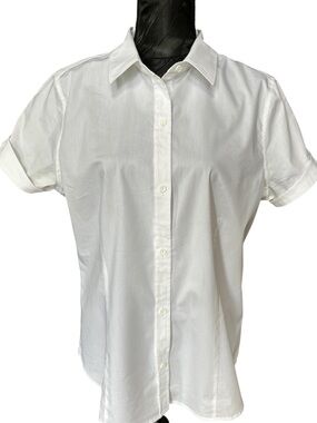 Liz Claiborne White Button Down Shirt Size L Stretch Short Sleeve